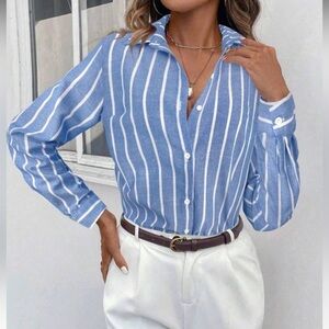 Macy’s Grace Costal Blue Striped Button Down Shirt